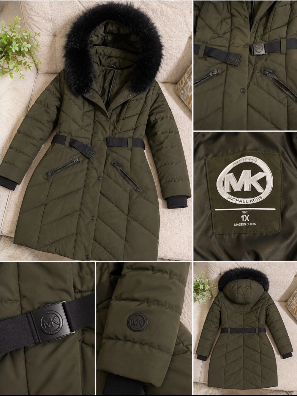 Michael Kors women ' Olive Green Quilted Hooded Winter Coat with Faux Fur Trim
